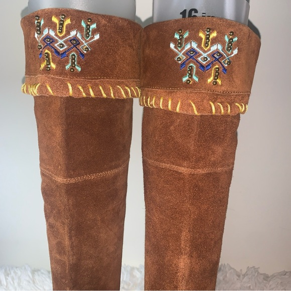 Aldo Boots Suede Women’s Size 36 US 6 Brown 16” Wedge Heel Embroidery Beads - Picture 2 of 7